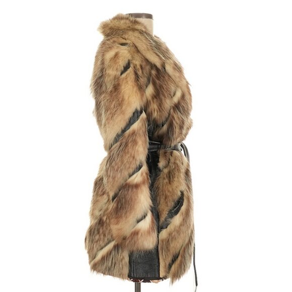 🖤 Vintage Striped Fur & Black Leather Coat Jacket Mod Mobwife Retro Glam 60s - Picture 4 of 15